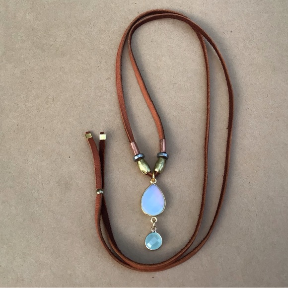 Leather cord Opalite Aquamarine Sundance Charm Necklace Sale - Picture 3 of 8